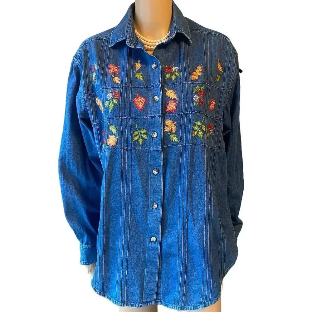 VTG Y2K Casey & Max Cotton Denim Button Up Shirt Leaf Floral Embroidery Women M